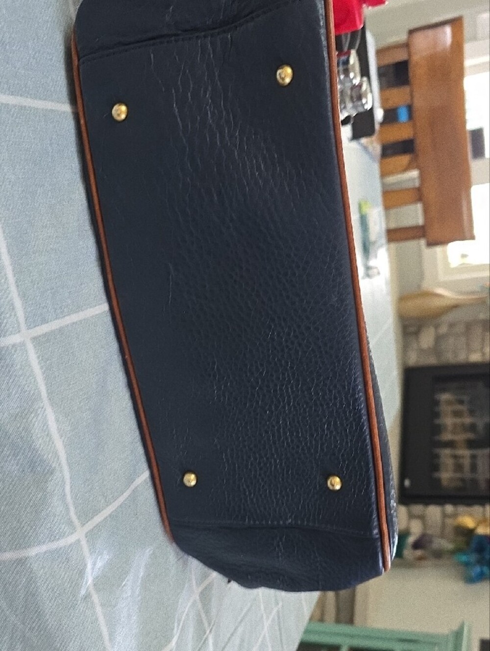 Dooney & Bourke Navy Pebbled Leather Satchel with Brown Trim - Picture 6 of 11